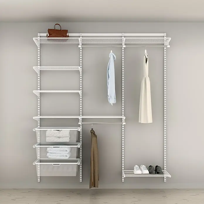 Elfa Classic by Elfa Wandregal-Set Kleiderschrank - Weiß, Stahl, B x T x H: 186,2 mm x 45 cm x 214 cm - Modulares Schranksystem aus weißem Draht mit verstellbaren Regalen, Kleiderstangen und Gitterkörben zur Organisation.