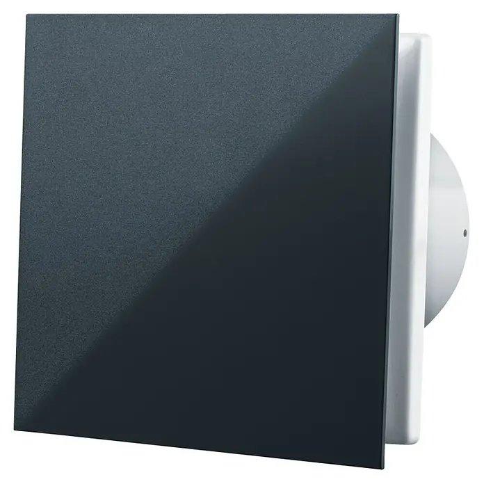 Extractor de baño Sapphire 100 S - Potencia de aire: 85 m³/h, Negro, Diámetro: 99 mm - Primer plano de un elegante ventilador de pared con un panel frontal oscuro y texturizado y una carcasa blanca, ideal para baños modernos.