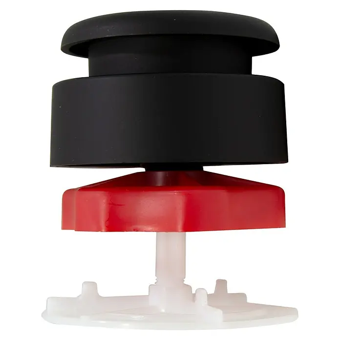 Pulsador de descarga doble - Negro - Primer plano de una unidad de producto hecha de componentes de plástico negro, rojo y blanco.