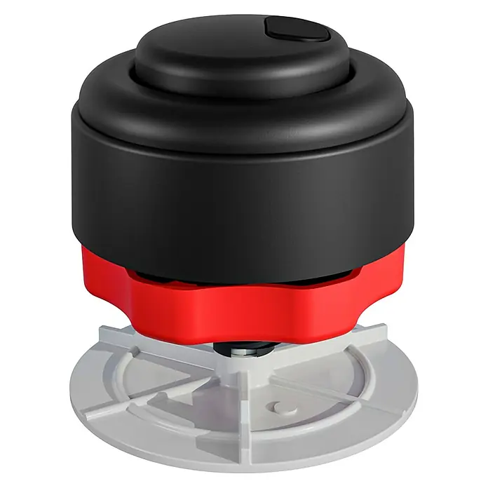 Pulsador de descarga doble - Negro - Primer plano de un nivelador de suelo negro con un tornillo de ajuste rojo y una base blanca, perfecto para muebles o aplicaciones industriales.