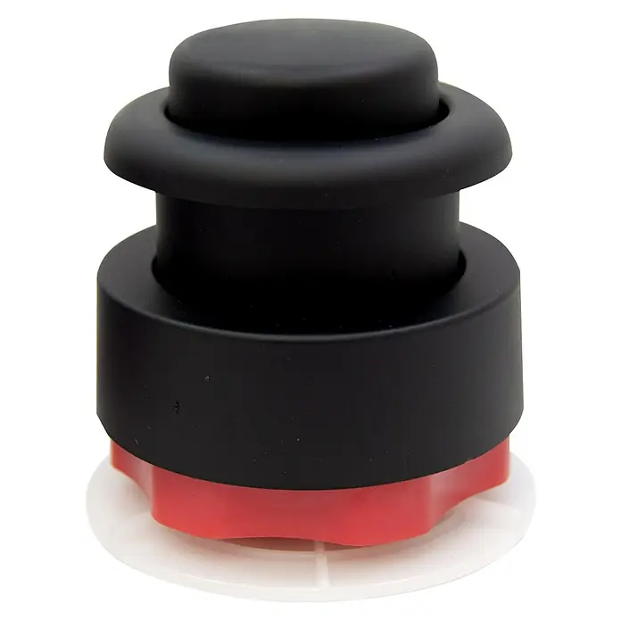 Pulsador de descarga simple - Negro - Primer plano de un tapón de vino negro y rojo con múltiples niveles y bordes redondeados.