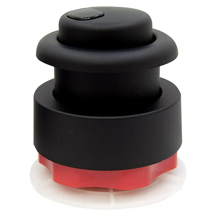 Pulsador de descarga doble - Negro - La imagen muestra un tapón de vino negro con base roja y blanca, ideal para sellar botellas de vino con estilo y mantener el vino fresco.