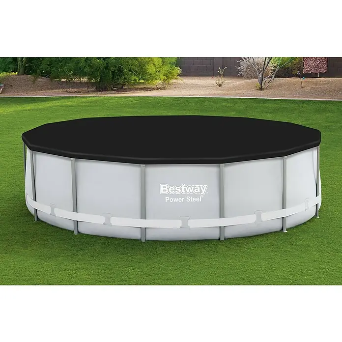 Bestway Pool-Abdeckplane - Durchmesser: 401 cm, Material: Kunststoff - Ein Bestway Power Steel Pool, abgedeckt mit einer schwarzen Plane, steht auf einem grünen Rasen.