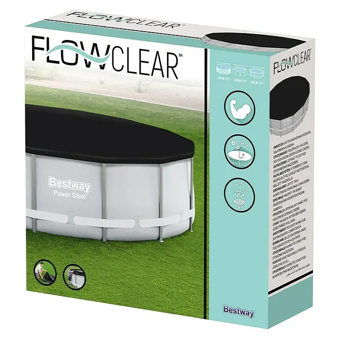 Bestway Pool-Abdeckplane - Durchmesser: 401 cm, Material: Kunststoff - Produktverpackung für eine Bestway Flowclear Poolabdeckung, ideal zum Schutz Ihres Pools vor Verunreinigungen und Witterungseinflüssen.