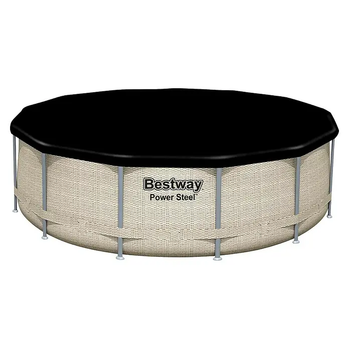Bestway Pool-Abdeckplane - Durchmesser: 401 cm, Material: Kunststoff - Ein Bestway Power Steel Pool mit schwarzer Abdeckung. Das Pool ist hellbeige und wirkt wie geflochten.