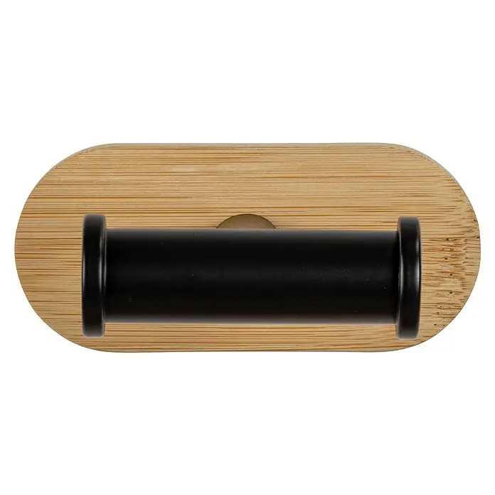 Wenko Orea Colgador de baño - Negro/Bambú - Una foto detallada de un gancho de pared de madera y metal, resistente e ideal para colgar chaquetas y accesorios.