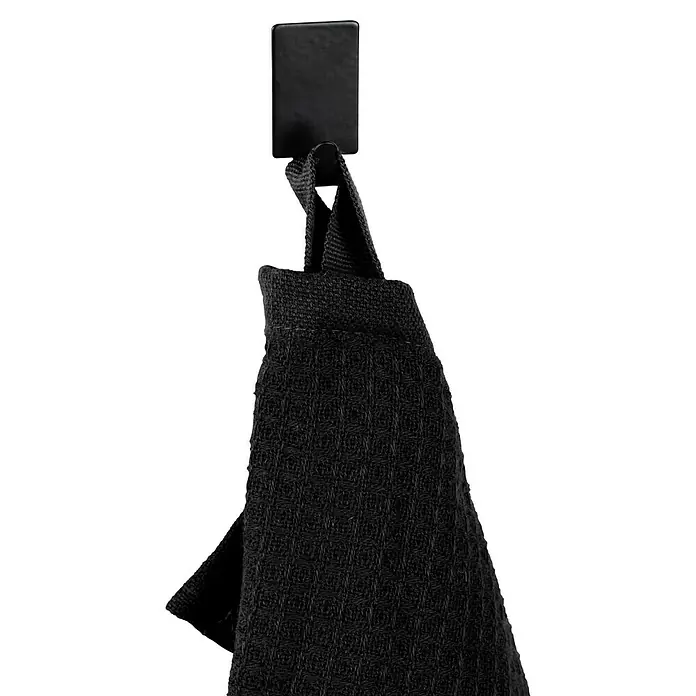 Wenko Klebehaken - L x H: 1,5 x 3,4 cm, 4 Stk. - Schwarzes Küchentuch mit Waffelstruktur, das an einem Haken hängt. Ideal für die Küche zum Abtrocknen und Reinigen.