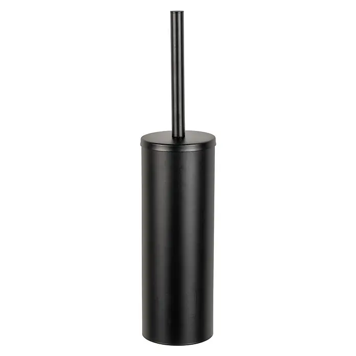 Wenko Orea Escobillero mural - Acero inoxidable, Negro - Un juego de escobilla de baño negro, con un diseño minimalista que incluye un mango delgado y un recipiente cilíndrico.