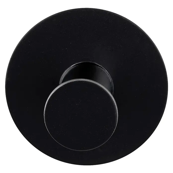 Wenko Klebehaken - L x H: 3,3 x 5 cm, Anzahl Haken: 1 Stk. - Nahaufnahme eines mattschwarzen Wandhakens mit rundem Sockel und zylindrischem Hakenarm, ideal für Badezimmer oder Garderobe.