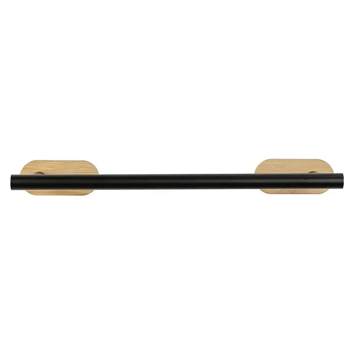 Wenko Orea Toallero de barra - Negro/Bambú - Primer plano de una barra de toalla negra con soportes de madera clara, que muestra un elemento de diseño moderno y minimalista.