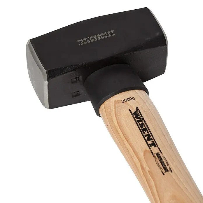 Wisent Mazo - 2.000 g, Acero - Primer plano de un mazo negro WISENT con mango de madera, ideal para trabajos pesados.