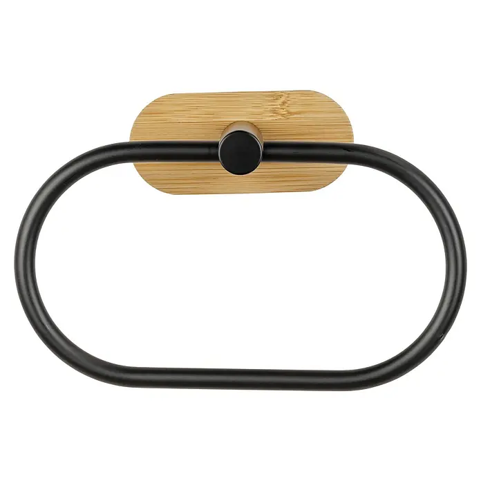 Wenko Orea Toallero de anilla - Negro/Bambú - Toallero de aro con base de bambú y aro de metal negro mate para baño o cocina. Solución práctica y elegante.