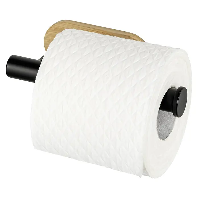 Wenko Orea Portarrollos papel higiénico - Sin tapa, Negro/Bambú - Un portarrollos de papel higiénico de madera y metal con un rollo de papel higiénico blanco texturizado encima.
