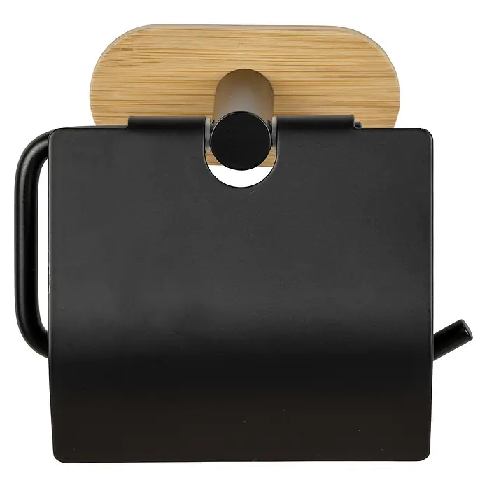 Wenko Orea Portarrollos papel higiénico - Con tapa, Negro/Bambú - Este portarrollos de papel higiénico combina un diseño moderno con una tapa de bambú natural y metal negro para accesorios de baño elegantes.