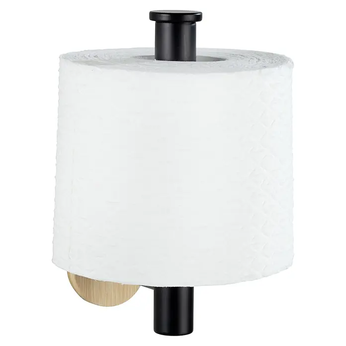 Wenko Orea Portarrollos papel higiénico - Sin tapa, Negro/Bambú - Primer plano de un rollo de papel de cocina sobre un soporte con elementos metálicos. El papel es blanco y tiene una textura sutil.
