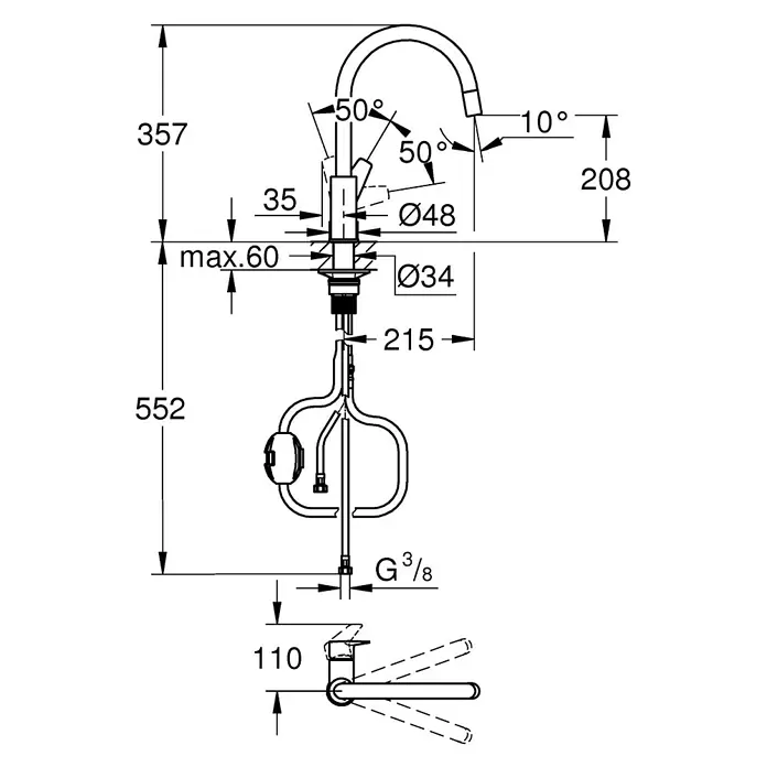 Grohe Grifo de cocina Start Edge - Cromo, Brillante - Dibujo técnico de un grifo de cocina con dimensiones que detallan su altura, alcance del caño y ubicación del mango.
