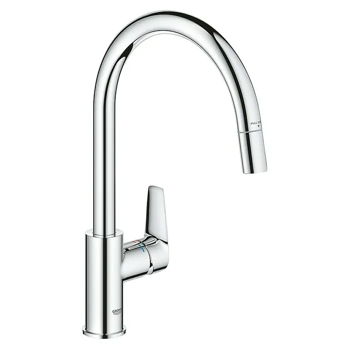 Grohe Grifo de cocina Start Edge - Cromo, Brillante - Primer plano de un grifo de cocina Grohe con caño alto y acabado cromado, combinando elegancia y funcionalidad.