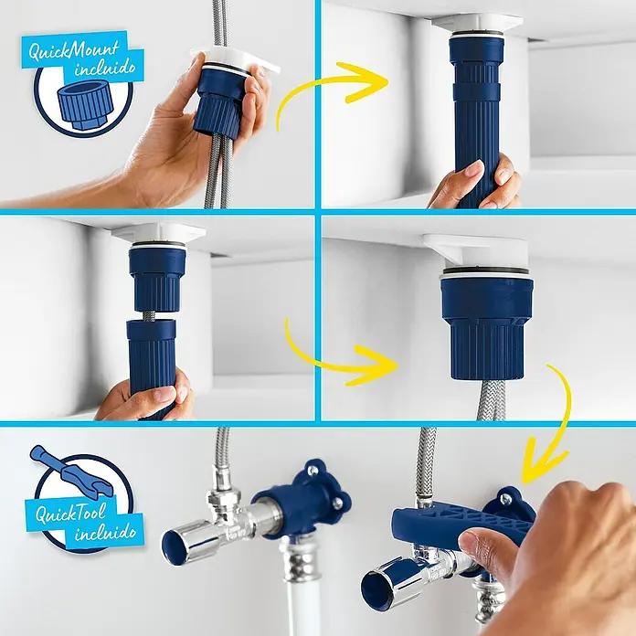 Grohe Grifo de cocina Start Edge - Cromo, Brillante - Guía de instalación de un tubo de desagüe de lavabo con QuickMount y QuickTool.