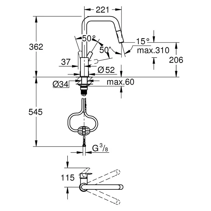 Grohe Grifo de cocina Start - Negro, Mate - Dimensiones del grifo de cocina Grohe con ducha extraíble, incluyendo altura, alcance y diámetro para detalles de instalación.