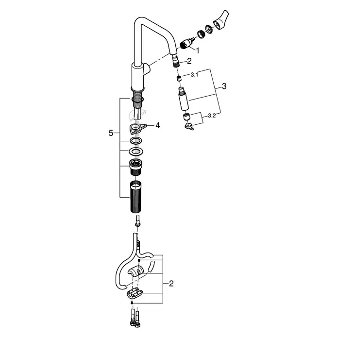 Grohe Grifo de cocina Start - Negro, Mate - Diagrama de vista explosionada de un grifo de cocina, destacando varios componentes para guías de instalación o identificación de piezas.