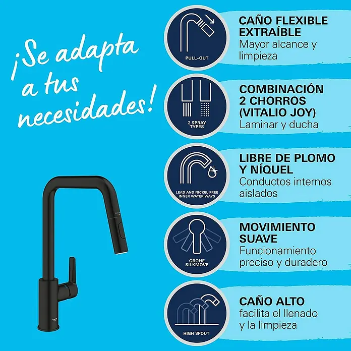 Grohe Grifo de cocina Start - Negro, Mate - Grifo negro con rociador extraíble y múltiples tipos de rociado. Sin plomo ni níquel para agua limpia. Funcionamiento suave.
