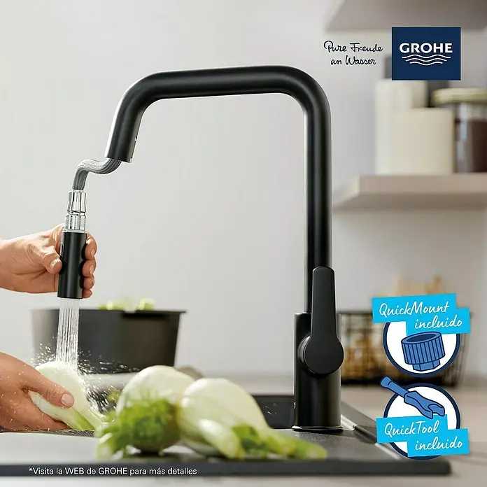 Grohe Grifo de cocina Start - Negro, Mate - Primer plano de un moderno grifo de cocina Grohe negro con rociador extraíble que enjuaga verduras, rodeado de iconos de accesorios.