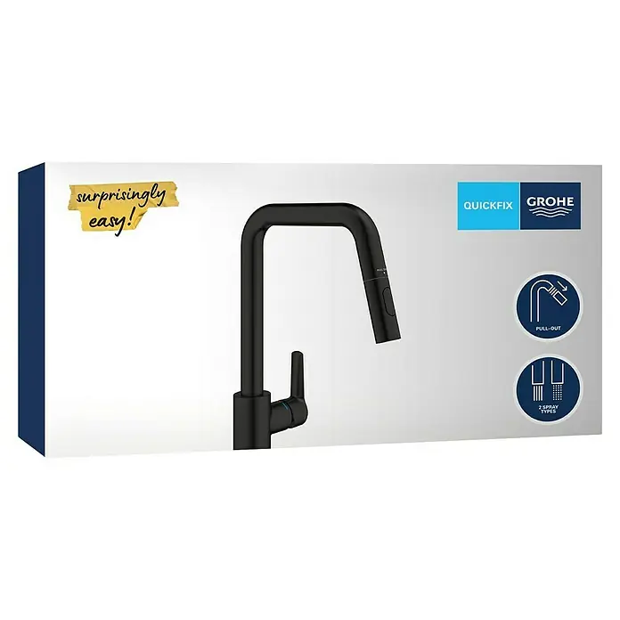 Grohe Grifo de cocina Start - Negro, Mate - Elegante grifo de cocina Grohe negro mate con cabezal de ducha extraíble. El sistema QuickFix garantiza una instalación sorprendentemente fácil.
