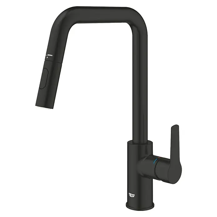 Grohe Grifo de cocina Start - Negro, Mate - Grifo negro con caño recto y palanca lateral para el control de la temperatura para cocinas o baños modernos.