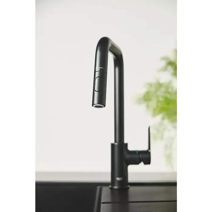 Grohe Grifo de cocina Start - Negro, Mate - Grifo de cocina negro con rociador extraíble frente a una pared blanca y una planta.