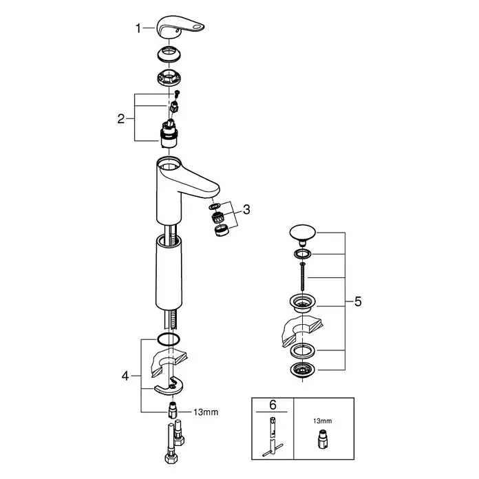 Grohe Grifo Swift XL - Brillante, Cromo - Vista explosionada de un grifo que muestra sus componentes, numerados del 1 al 6, para facilitar el montaje.