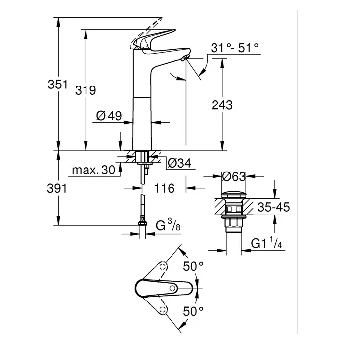 Grohe Grifo Swift XL - Brillante, Cromo - Dibujo técnico de un grifo con todas las dimensiones.