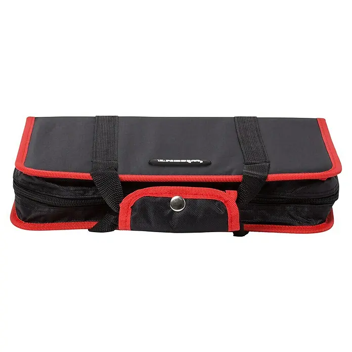 Wisent Werkzeugkoffer Servicebag - L x B x H: 340 x 230 x 74 mm, 56 -tlg. - Nahaufnahme einer schwarzen Werkzeugtasche mit roten Akzenten, ideal zur Aufbewahrung und zum Transport von Werkzeugen.