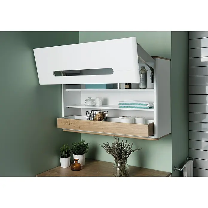 VitrA Sento Hängeschrank - B x T x H: 105 x 34,5 x 70 cm, Weiß - Ein stilvoller Badezimmerschrank in Weiß und Holz, mit offenem Fach, bietet praktischen Stauraum und ergänzt das moderne Badezimmerdesign.