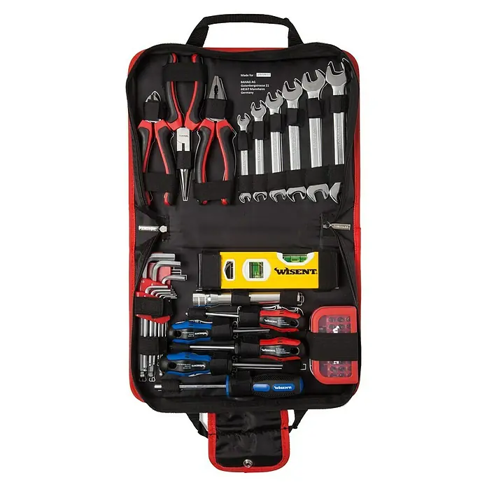 Wisent Werkzeugkoffer Servicebag - L x B x H: 340 x 230 x 74 mm, 56 -tlg. - Ein Werkzeugsatz in einer schwarzen Tasche mit rotem Rand. Es enthält Schraubenschlüssel, Zangen, Schraubendreher und eine Wasserwaage.