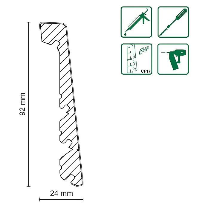 Profiles and more Sockelleiste FU123C - 2.400 x 24 x 92 mm - Technische Zeichnung einer Sockelleiste mit den Maßen 92 mm Höhe und 24 mm Breite, sowie Symbole für Montage.