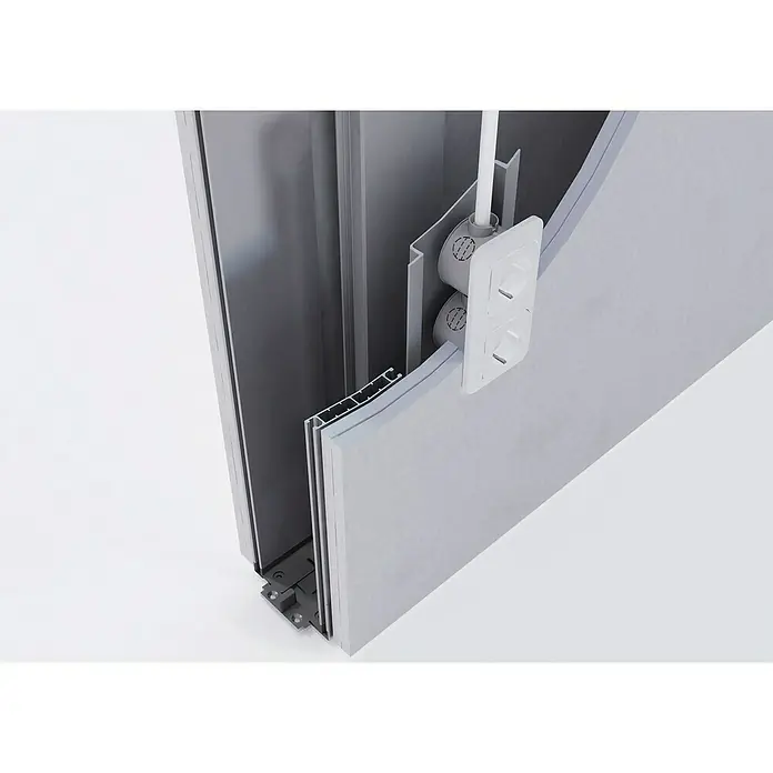 Entravia Kabelkanal für CW100 - Passend für: Entravia Simple-Pocket Schiebetürsystem - Querschnitt eines modularen Wandsystems mit integrierten Aluminiumprofilen und hellgrauen Paneelen, zwei eingebauten weißen Steckdosen und einem Stromkabel.