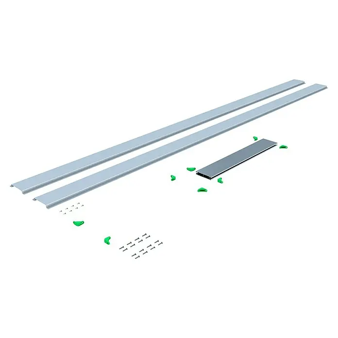 Entravia Kabelkanal für CW100 - Passend für: Entravia Simple-Pocket Schiebetürsystem - Hellgraue Metallprofile, ein dunkelgraues Profil, grüne Clips und silberne Schrauben für Montagelösungen.