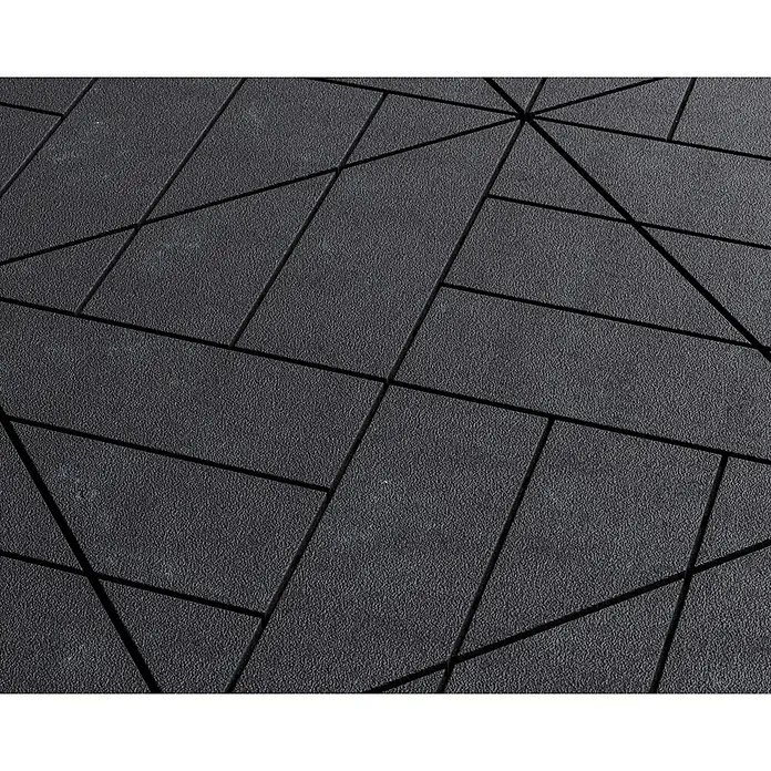 Klickfliese Parquet - 30 x 30 x 2,2 cm, Stahlgrau, 6 Stk. - Nahaufnahme von miteinander verbundenen, schwarzen, strukturierten Verbundfliesen für den Außenbereich, die ein geometrisches Muster bilden.