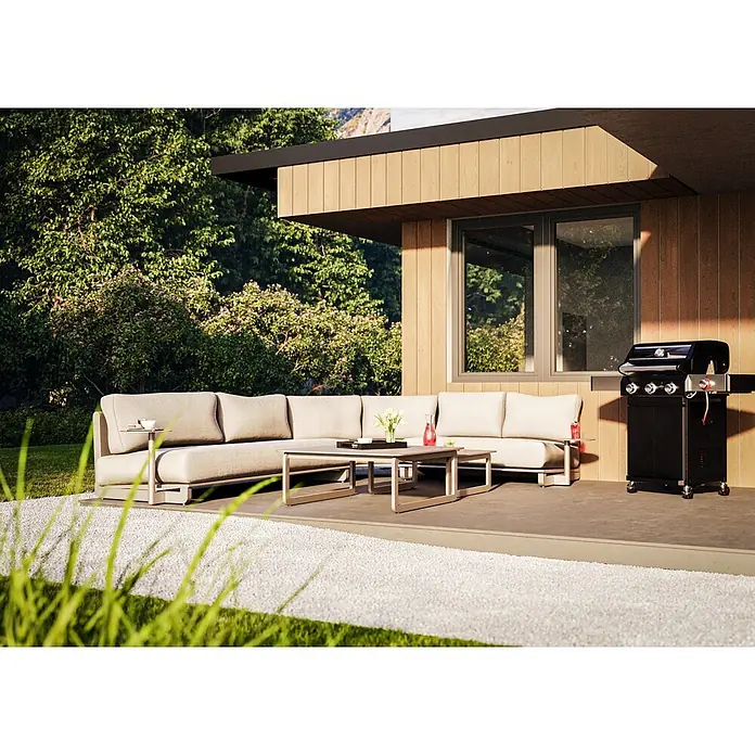Loungemöbel-Set - 7 -tlg., Aluminium, Polyester, Dust Nature - Eine moderne Terrasse mit Grill und stilvollen Loungemöbeln. Die Outdoor-Küche lädt zum Entspannen und Genießen im Freien ein.