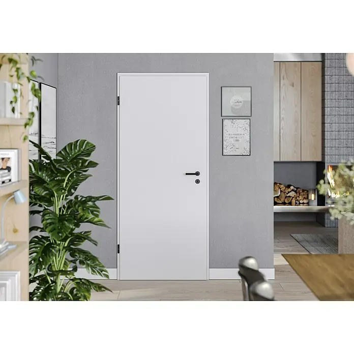 Diamond Doors Zimmertürgarnitur Black Panther L-Form Premium PVD - Stärke Tür: 38 mm - 45 mm, Profilzylinder, Edelstahl, L-Form - Eine moderne, weiße Innentür mit schlichtem, schwarzen Türgriff und minimalistischem Design, passend zu einer stilvollen Inneneinrichtung.