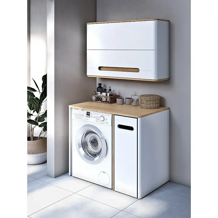 VitrA Sento Waschmaschinenschrank - B x T x H: 105 x 72 x 89,5 cm, Weiß, Auszug rechts - Waschküchen-Design mit weißer Bosch-Waschmaschine, passendem Schrank und Wandschrank für einen modernen und funktionalen Raum.