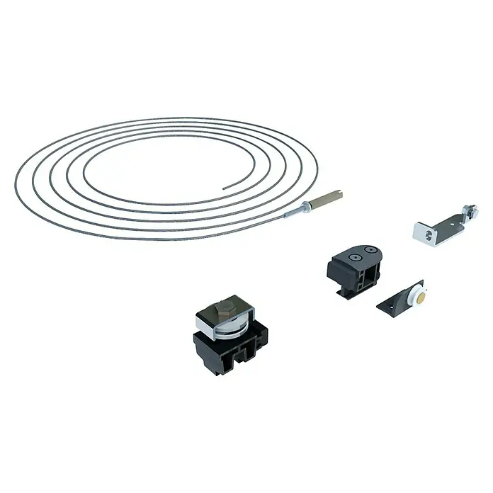 Entravia Zubehör-Set Synchro - Traglast: 40 kg, Passend für: Entravia Simple-Pocket Schiebetürsystem zweiflügelig - Graues Spiralkabel mit Stecker und verschiedenen schwarzen/grauen Gleitsystemkomponenten wie Rollen und Halterungen.