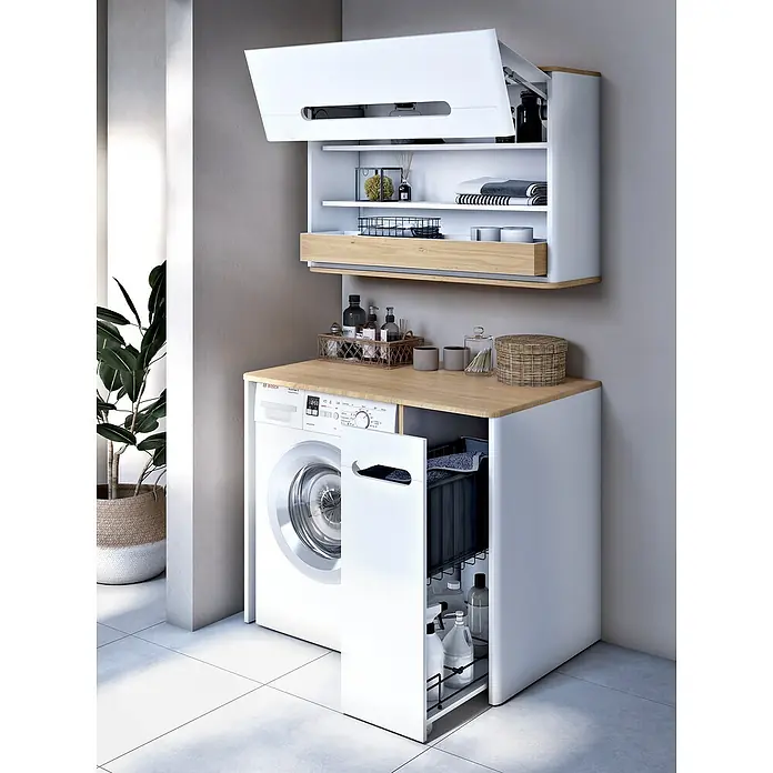 VitrA Sento Waschmaschinenschrank - B x T x H: 105 x 72 x 89,5 cm, Weiß, Auszug rechts - Waschmaschinenkombination mit viel Stauraum und einem integrierten Waschmittelregal für eine ordentliche Aufbewahrung.