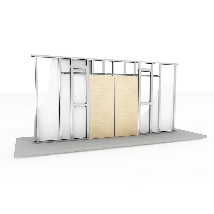 Entravia Zubehör-Set Synchro - Traglast: 40 kg, Passend für: Entravia Simple-Pocket Schiebetürsystem zweiflügelig - Innenansicht eines doppelten Schiebetürsystems in einer Metallständerwand mit hellen Holzpaneelen und sichtbarem Laufmechanismus.