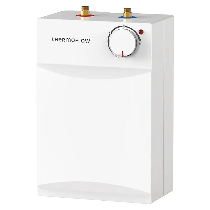 Thermoflow Warmwasserspeicher UT 5 N - 5 l, Untertischmontage - Ein kompakter, weißer Thermoflow-Wassererhitzer mit Temperaturregler und Anschlüssen oben.