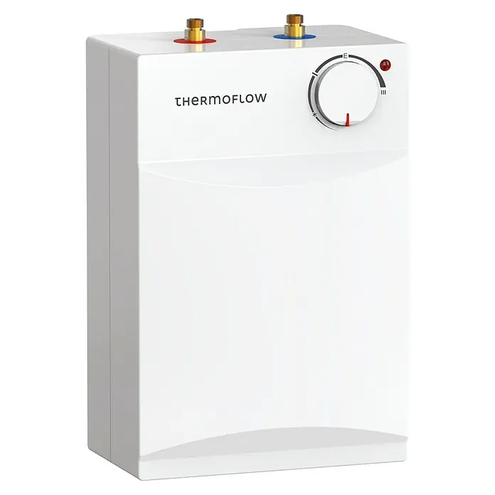 Thermoflow Warmwasserspeicher UT 5 N - 5 l, Untertischmontage - Abbildung eines Thermoflow-Warmwasserbereiters. Das Gerät ist weiß und hat einen Temperaturregler.