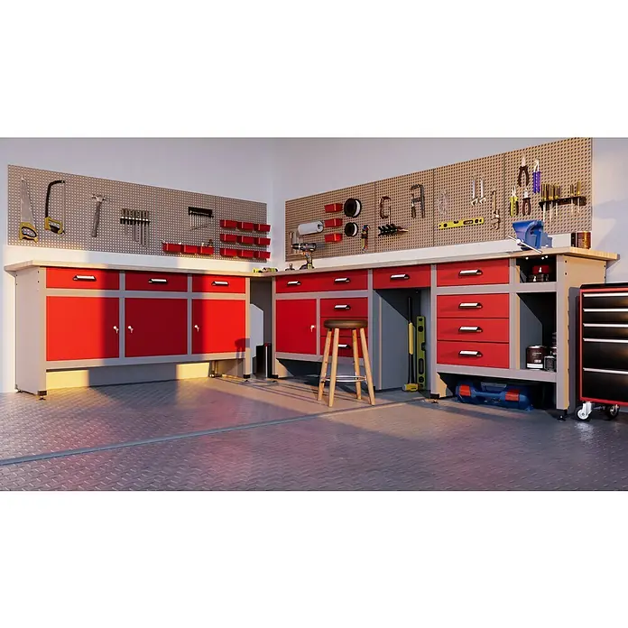 Aufbodenkanal - Steingrau, PVC, L x B x H: 2 m x 50 mm x 12 mm - Werkstatteinrichtung mit Werkbank in Rot und Grau, Werkzeugwand und Werkzeugwagen für eine ordentliche Werkstatt.