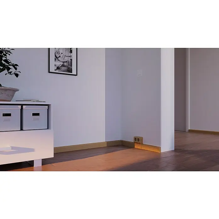 GGK Endstück - Rechts, Buche, Passend für: Sockelleistenkanal SL 20x50 - Nahaufnahme von weißen Regalen mit Aufbewahrungsboxen, einer Zimmerpflanze und einem gerahmten Foto, die stilvolles und minimalistisches Interieur zeigen.