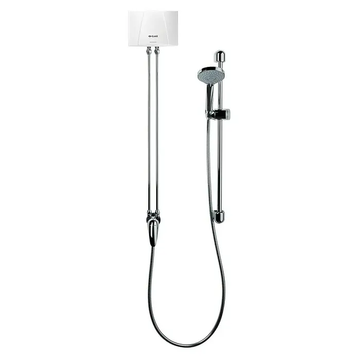 Clage Kleindurchlauferhitzer MBX6 Shower - 5,7 kW, Elektronisch, Druckfest - Weißer Durchlauferhitzer mit Chrom-Duscharmatur, flexiblem Schlauch und verstellbarer Duschbrause an einer Stange.