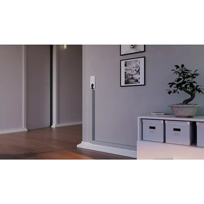 OBO Kabelkanal - 2 m x 40 mm x 40 mm, Lichtgrau - Elegantes Interieur mit stilvollen Wandbildern und einem dekorativen Bonsai-Baum auf einer weißen Kommode. Warme Holzböden runden das Bild ab.